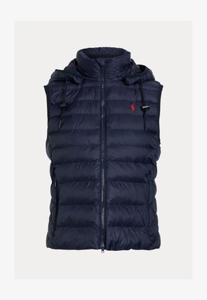Navy blue quilted sleeveless puffer vest with high collar, front zipper, adjustable hood, and red embroidered logo on chest.