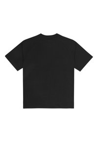 Černé tričko s krátkým rukávem a kulatým výstřihem, vyrobené z hladké bavlněné tkaniny, s volným střihem a designem rukávu raglán.