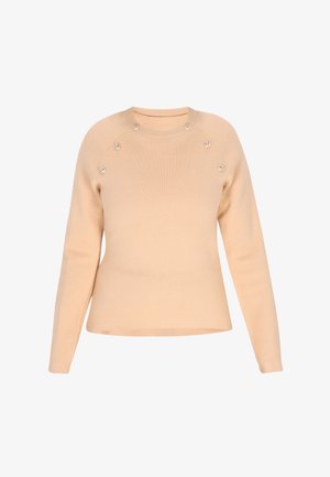 Suéter de mezcla de algodón en beige claro con mangas largas, escote redondo y botones decorativos a lo largo de las costuras de los hombros. Textura suave.