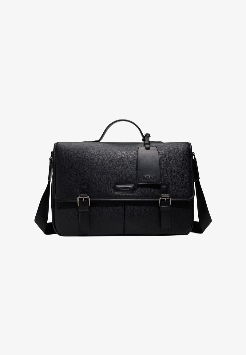 Mallette en cuir noir texturé avec poignée supérieure, sangle d'épaule réglable, deux fermetures à boucle et une étiquette rectangulaire attachée.