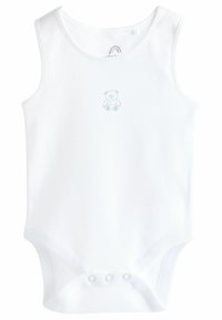 Biely detský bodysuit bez rukávov vyrobený z mäkkého bavlneného materiálu. V strede má modrú grafiku medvedíka a na spodnej časti sú patentky.