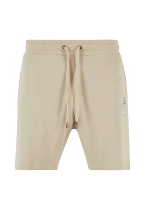 Beige cotton shorts with an elastic waistband and drawstring. Features a green palm tree design accent on the left leg.