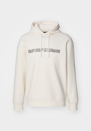 Haut à capuche crème en tissu doux, doté d'une poche kangourou, de cordons de serrage et d'un logo "Emporio Armani" imprimé en noir.
