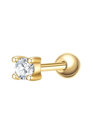 Gold-colored stud earring with a clear, round gemstone held by four prongs; features a smooth, spherical backing for secure wear.