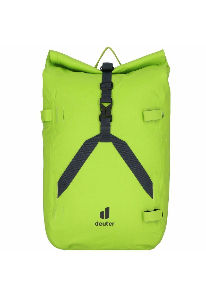 Green roll-top backpack with black straps and buckle closure. Features side attachment straps and brand logo at the bottom. Smooth texture.
