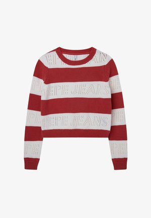 Pull en maille rayé rouge et blanc à manches longues et col rond, avec le nom de la marque "PIMPE JEANS" en lettres perforées.