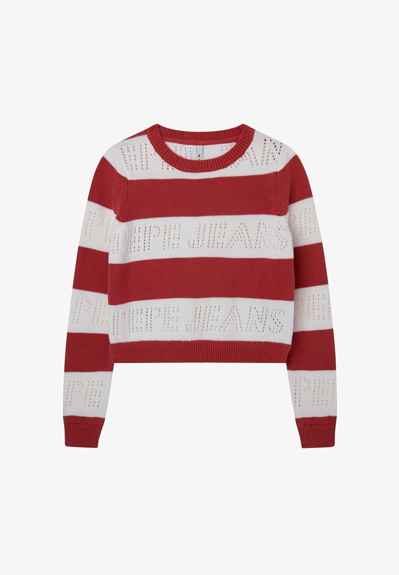 Pull en maille rayé rouge et blanc à manches longues et col rond, avec le nom de la marque "PIMPE JEANS" en lettres perforées.