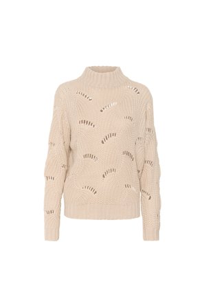 Pull en tricot beige avec un col haut, présentant un motif ajouré, des manches longues et un ourlet et des poignets côtelés.