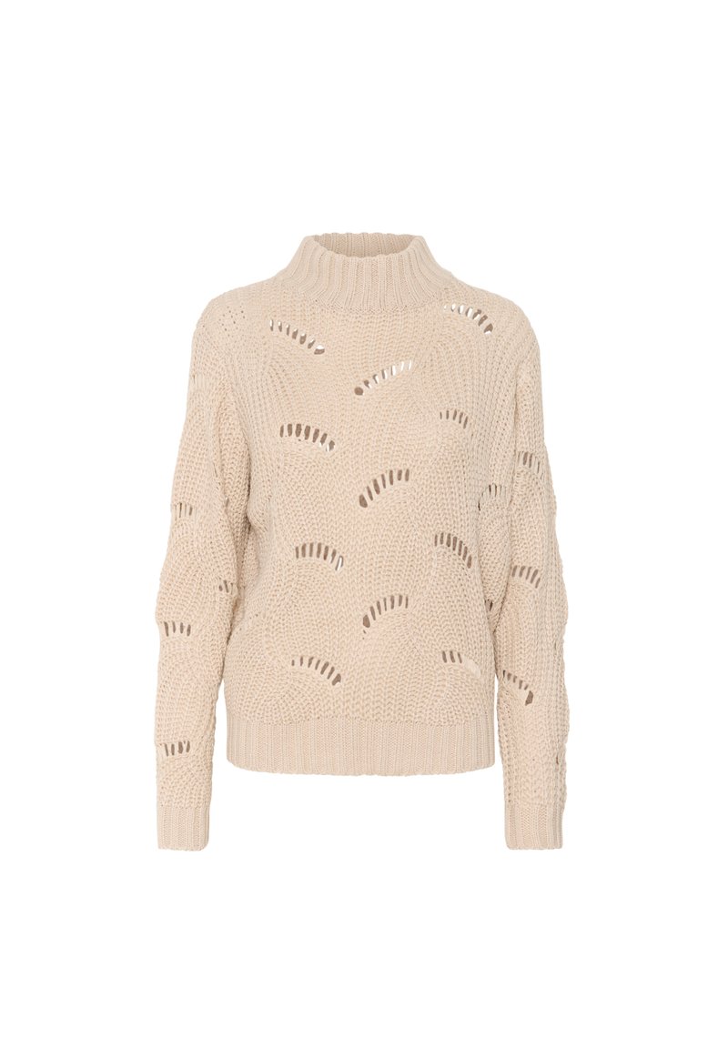 Pull en tricot beige avec un col haut, présentant un motif ajouré, des manches longues et un ourlet et des poignets côtelés.