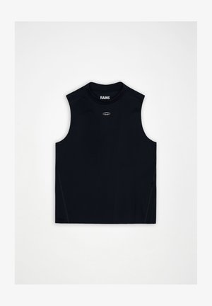 Sleeveless black athletic top with high neckline, small white logo below collar, and "RAINS" brand name inside neckline at back.
