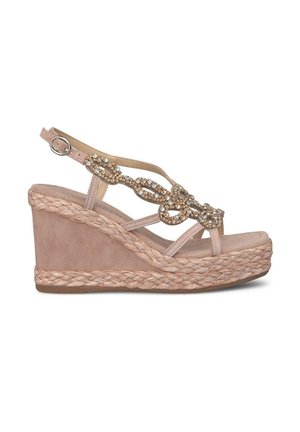 Sandalo a cuneo in morbida suede rosa presenta una suola in corda intrecciata, un cinturino regolabile e decorazioni in strass sul davanti.