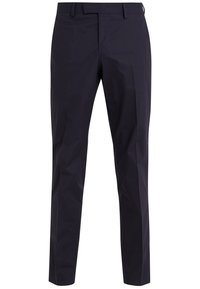 Marinblå skräddarsydda byxor tillverkade av ett slätt tyg, med slim fit, bälteshällor och två sidofickor.