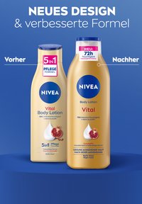 Nivea Vital Body Lotion before and after packaging comparison, highlighting new design and improved 72h moisture formula.