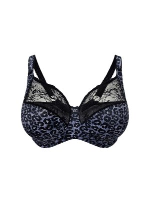 Sujeta con estampado de leopardo en negro y gris con detalles de encaje, presenta un acabado de textura suave, soporte con aros y tirantes ajustables.