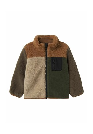 Fleece jacket with brown collar, beige left panel, dark green right panel with black zippered chest pocket, and brown sleeves.