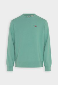 Sudadera verde con cuello redondo, hecha de material suave, con mangas largas y un pequeño parche de logo rojo en el pecho. Diseño sencillo, sin estampados.