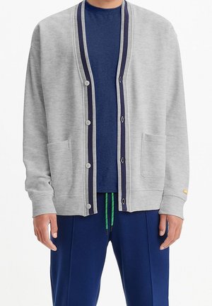 Homme portant un cardigan boutonné gris clair avec bordure bleu marine, un t-shirt bleu marine et un pantalon bleu marine avec des cordons verts.
