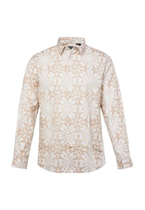 Lys beige langærmet skjorte med hvidt blomstermønster og geometriske former. Har en button-down krave og frontknapper. Blød, tekstureret stof.