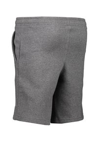 Pantalones cortos de mezcla de algodón gris con cintura elástica, bolsillos laterales y bordes rematados, que cuentan con una textura suave y un ajuste relajado.