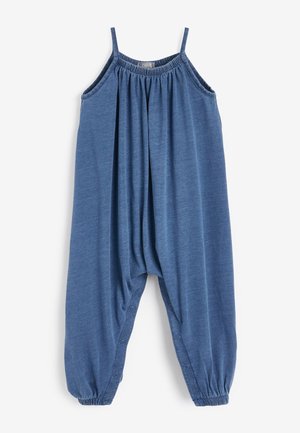 Combinaison bleue sans manches, coupe ample, avec encolure élastique, chevilles froncées et boutons pression le long des coutures intérieures des jambes pour la fermeture.