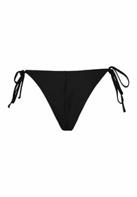 Bas de bikini noir avec des liens latéraux sur fond blanc, design simple et bords sans couture.