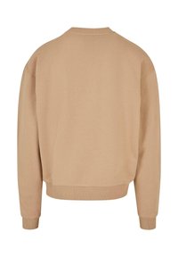 Beige Sweatshirt mit lockerem, kurz geschnittenem Schnitt, rundem Ausschnitt und gerippten Bündchen. Weiche Baumwollstruktur, ohne sichtbare Muster oder Grafiken.