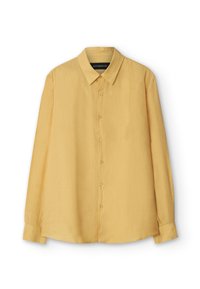 Camisa de manga larga, con botones, en un color amarillo claro sólido. Hecha de una tela liviana, con un cuello clásico y un diseño de corte recto.