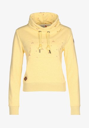 Gele hoodie met een col, voorzien van een horizontaal patroon met kleine regenbogen, verstelbare trekkoorden en een logo opzij.