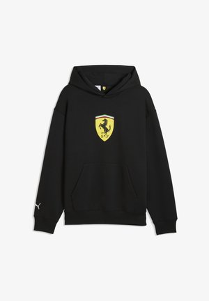Sweat à capuche noir en tissu mélange de coton. Comprend une poche kangourou et un logo Ferrari en jaune et noir sur la poitrine, avec des accents blancs.