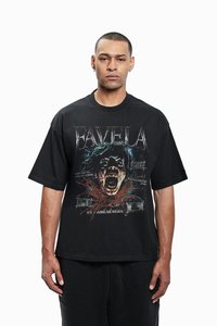 Black cotton T-shirt featuring a large graphic print of a screaming face with red accents and text, designed for a loose fit.