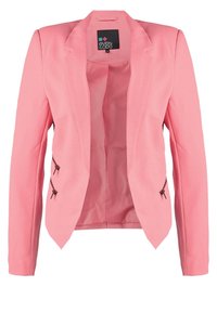 Blazer rose sur mesure pour femme avec col à revers, deux poches latérales zippées et doublure intérieure lisse.