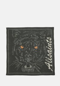 Sciarpa nera con un volto di tigre dettagliato e occhi arancioni. Testo "Allsaints" in bianco sul lato destro. Tessuto morbido.