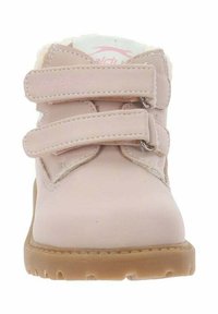 Scarpe in pelle rosa con due cinturini regolabili in Velcro, rivestimento in pelliccia sintetica e suola in gomma con un motivo testurizzato per una migliore aderenza.