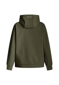 Sudadera verde oliva de corte relajado, con capucha ajustable y puños acanalados. Nombre de la marca "PEPE JEANS" impreso en la parte posterior.