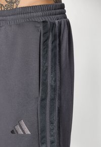 Nærbillede af grå træningsbukser med sorte lodrette striber og Adidas-logo nær den elastiske talje, delvist tatovering synlig over taljen.