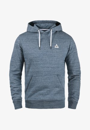 Siva-plava dukserica od teksturiranog pletiva, s prednjim džepom, kapuljačom sa vezicom i malim trokutastim logom na prsima.