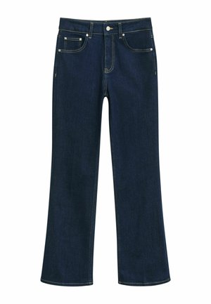 Donkerblauwe spijkerbroek met uitlopende pijpen en een hoge taille, vijf zakken, gouden stiksels en een knoopsluiting. Gladde textuur, rechte pasvorm.