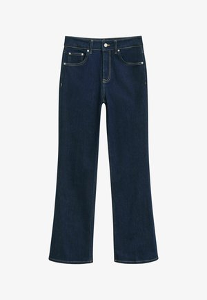 Donkerblauwe spijkerbroek met uitlopende pijpen en een hoge taille, vijf zakken, gouden stiksels en een knoopsluiting. Gladde textuur, rechte pasvorm.