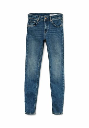 Jeans skinny en denim bleu avec un léger délavage. Design à cinq poches, fermeture à bouton en métal et passants de ceinture. Texture lisse avec une finition solide.