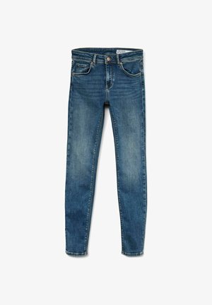 Blue denim skinny jeans with slight fading. Five-pocket design, metal button closure, and belt loops. Smooth texture with a sturdy finish.