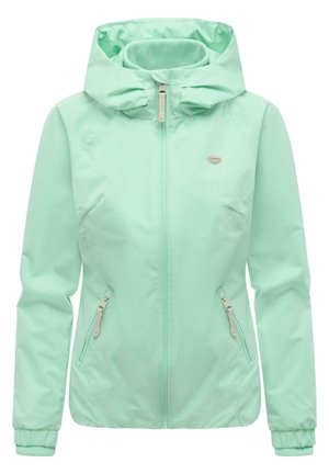 Mintgrønn hettejakke med frontglidelås og glidelåslommer på sidene, med elastiske mansjetter og en liten logo på brystet.