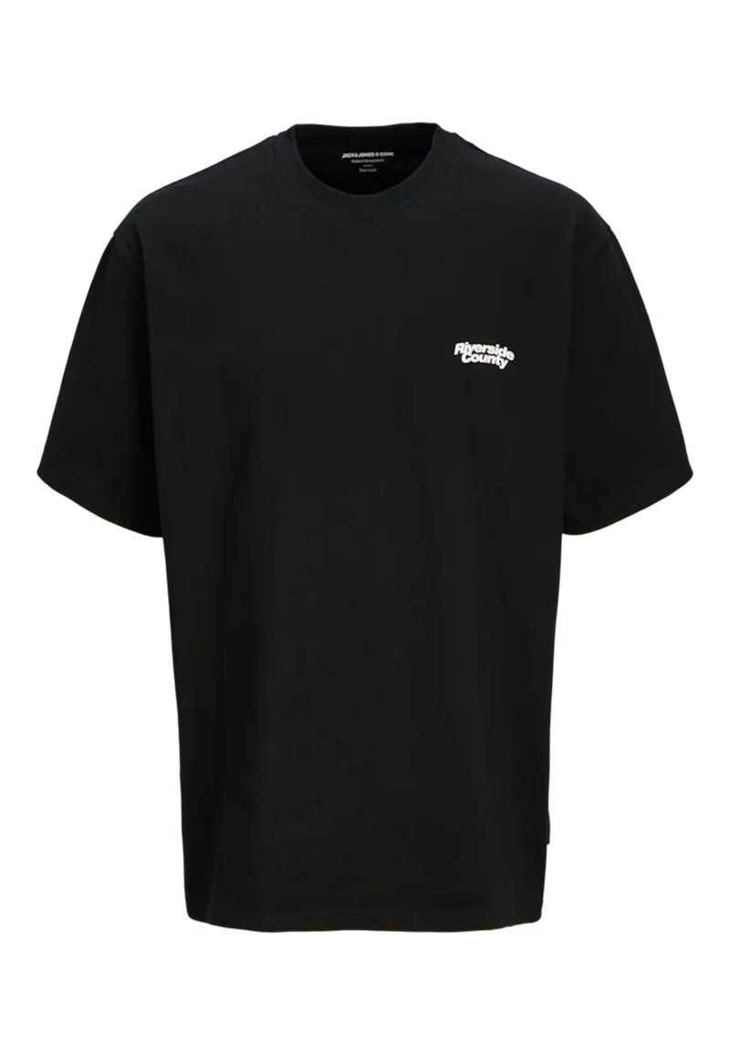 Camiseta de algodón negra con cuello redondo y mangas cortas, que presenta un logo blanco de "Riverside County" en el lado izquierdo del pecho.