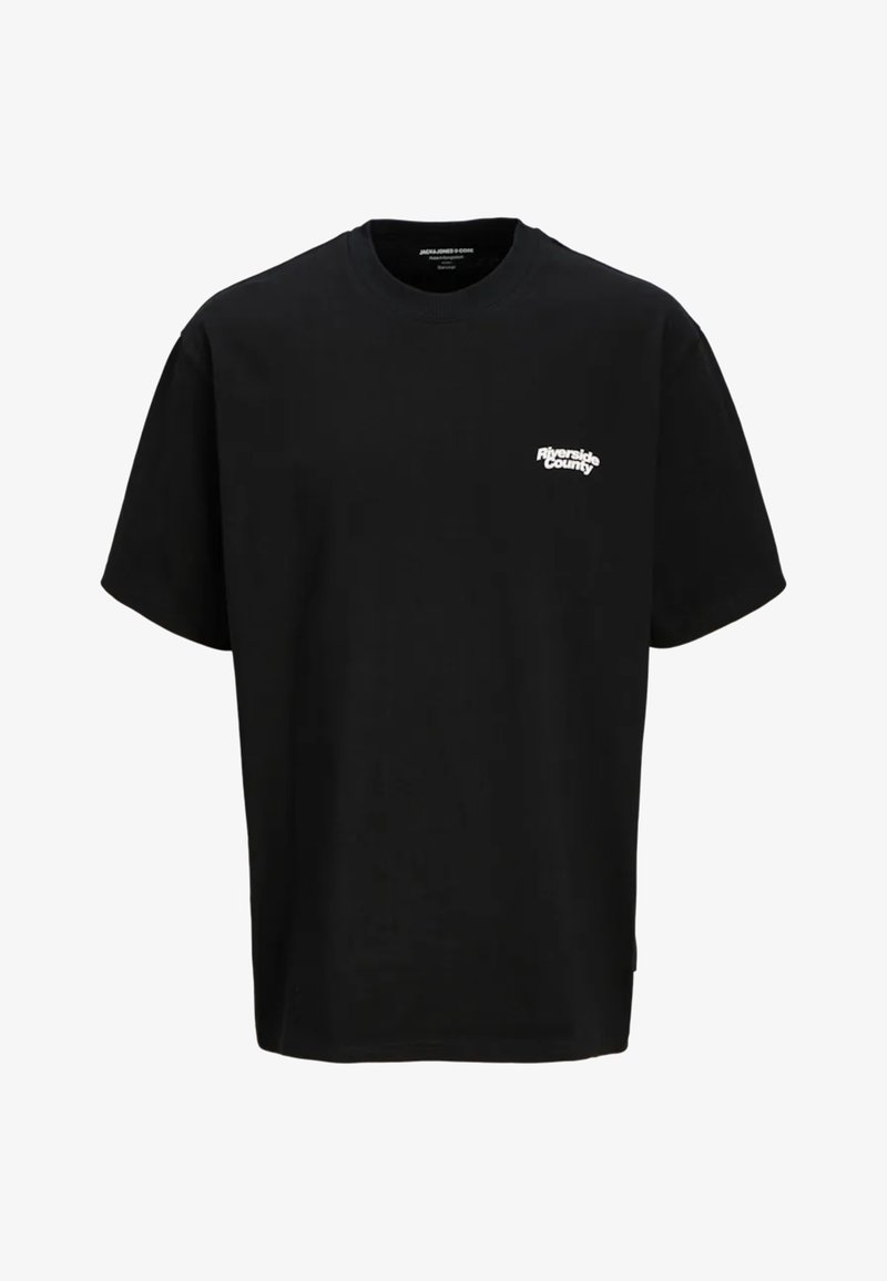 Schwarzes Baumwoll-T-Shirt mit Rundhalsausschnitt und kurzen Ärmeln, das ein weißes "Riverside County"-Logo auf der linken Brust trägt.