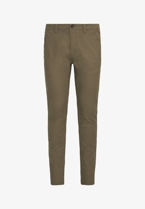 Olijfgroene, slim-fit chinos van een zachte katoenmix. Voorzien van een knoopsluiting en klassiek vijf-pocket ontwerp. Glad textuur, minimale details.