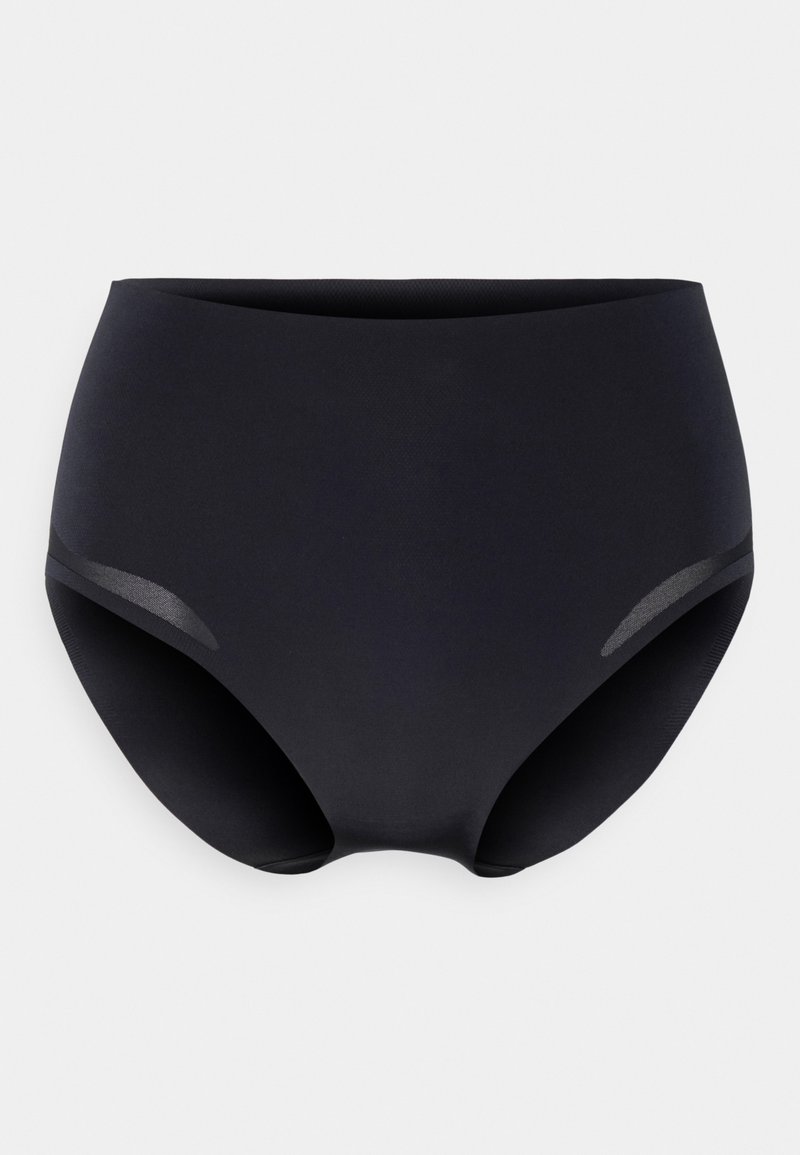 Culotte noire taille haute en tissu lisse, dotée d'un design sans couture et d'un subtil éclat sur les accents latéraux.