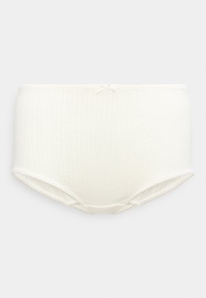 White knitted high-waist women’s underwear with a small bow detail at the waistband front, displayed on a plain background.