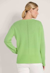 Hellgrüner Pullover mit Rundhalsausschnitt, langen Ärmeln, gerippten Bündchen und einer zentralen offenen Maschenstruktur, die bis zum Rücken verläuft.
