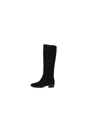 Black knee-high boots in soft suede material, featuring a round toe and a low block heel. Smooth texture with a fitted shaft design.