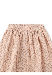 Ein leichter Pfirsichfarbener Rock mit floralem Muster und elastischem Bund, der kleine, zarte Blumen in verschiedenen Orangetönen und Gelb zeigt.