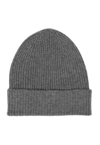 Grijze geribde gebreide beanie met een opgerolde manchette. Gemaakt van zachte materialen, heeft het een gestructureerd patroon en een snug fit.